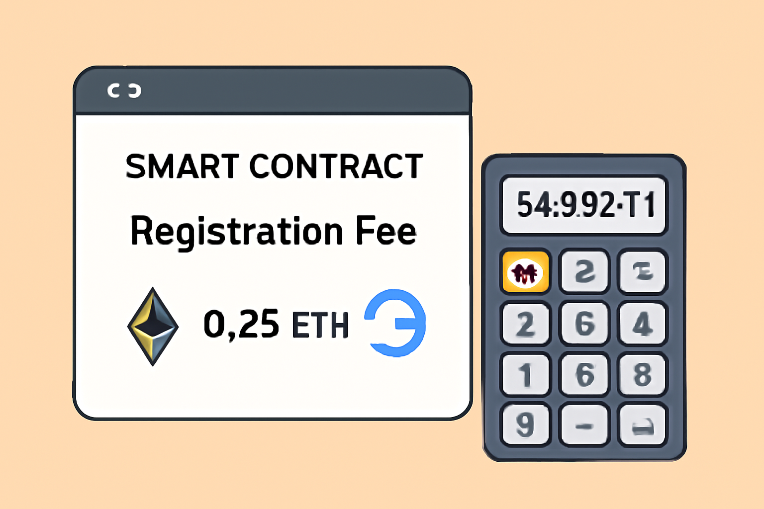A smart contract interface displaying the registration fee, with ETH and Farcaster symbols, and a calculator showing $4,532.11.