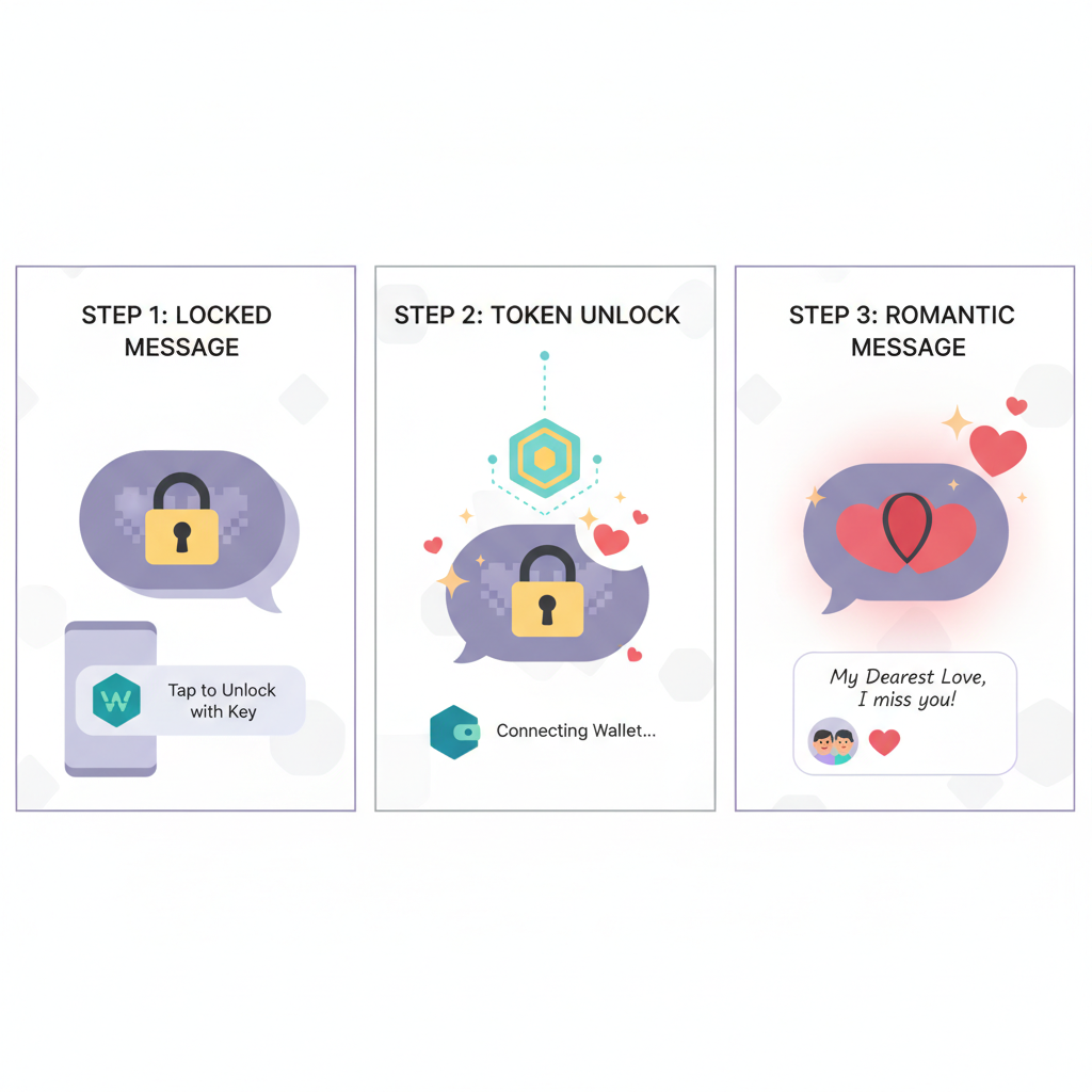 locked chat bubble unlocking with token key, crypto wallet integration, romantic messaging UI