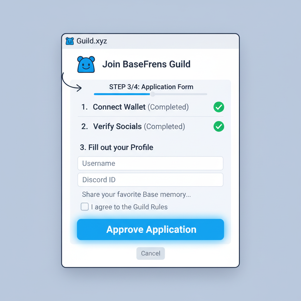 Guild.xyz application form for BaseFrens, clean UI, approval button highlighted
