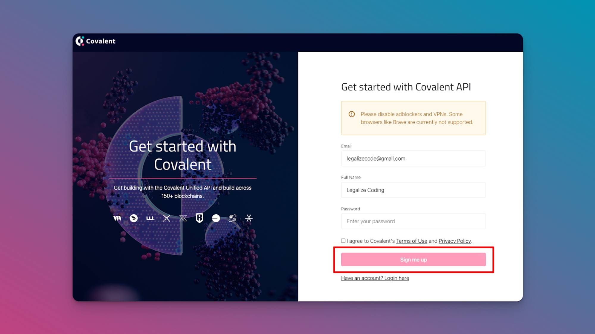 Covalent GoldRush Streaming API dashboard