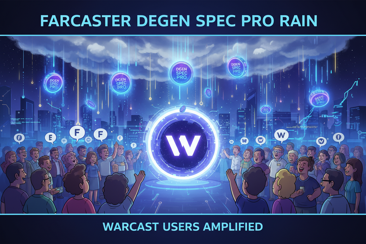 Dynamic graphic of Farcaster tokens DEGEN, SPEC, and PRO raining down on excited Warpcast app users for 2026 airdrop rewards