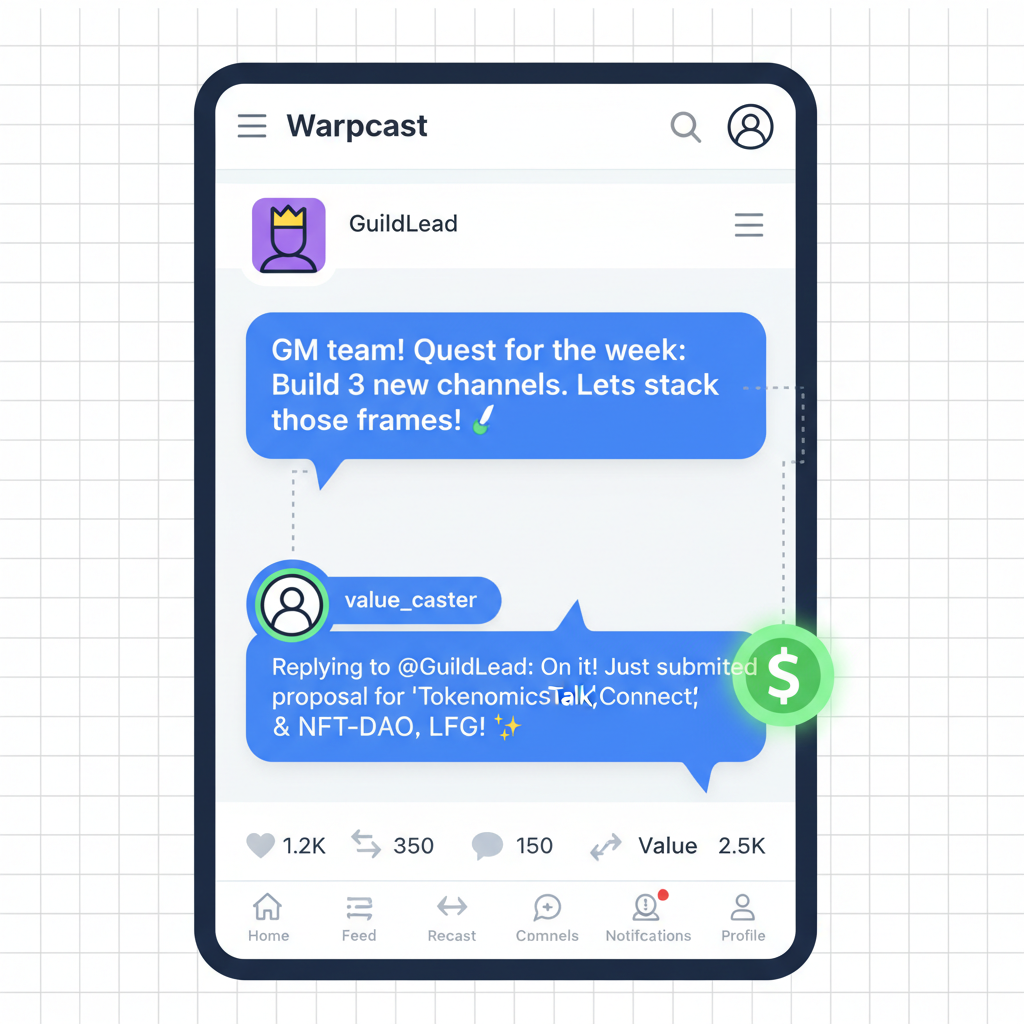 Warpcast feed with value cast reply to guild lead, Farcaster casts UI, engagement icons