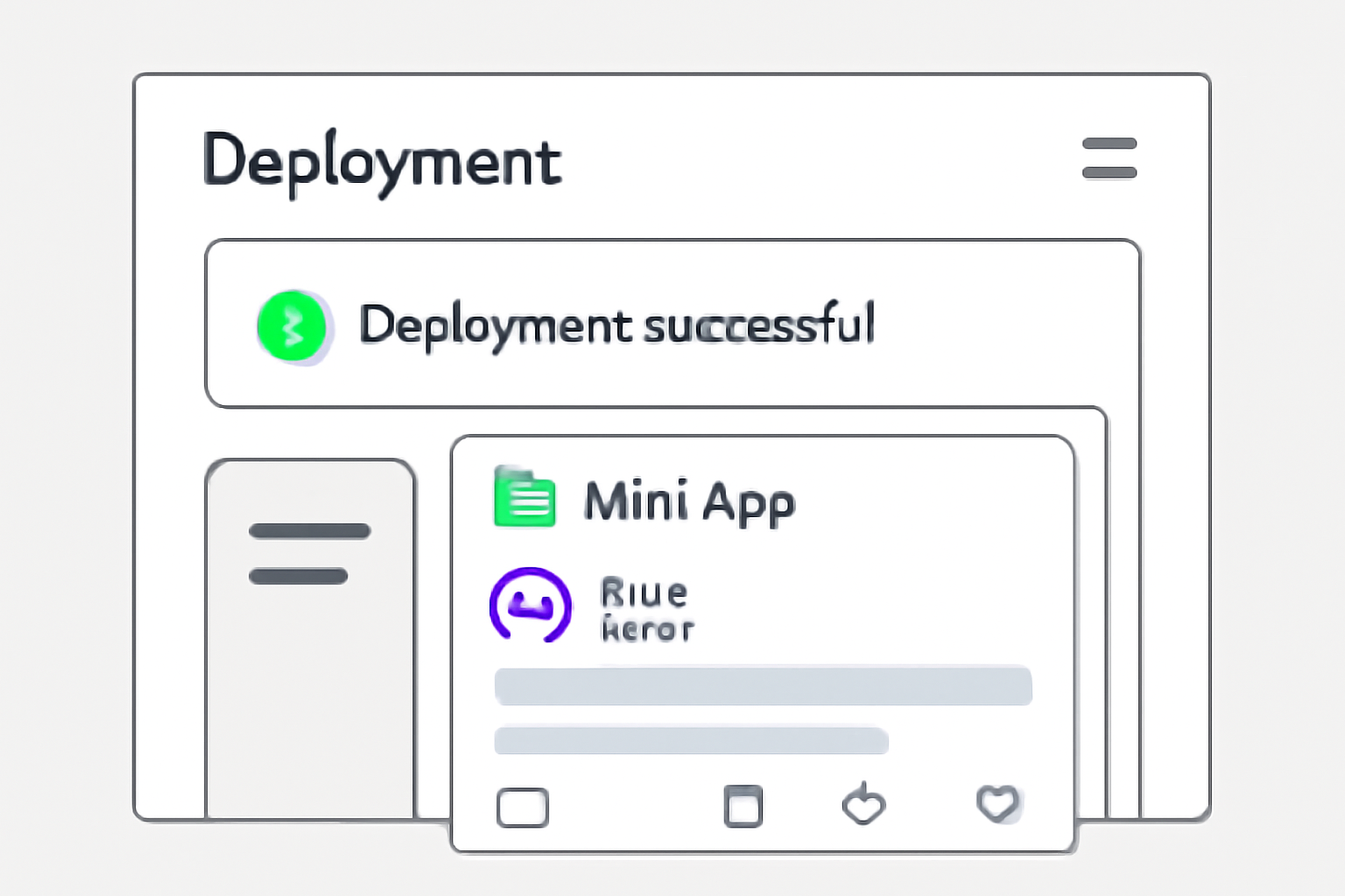 A deployment dashboard showing successful deployment, with the Mini App appearing in a Farcaster social feed.