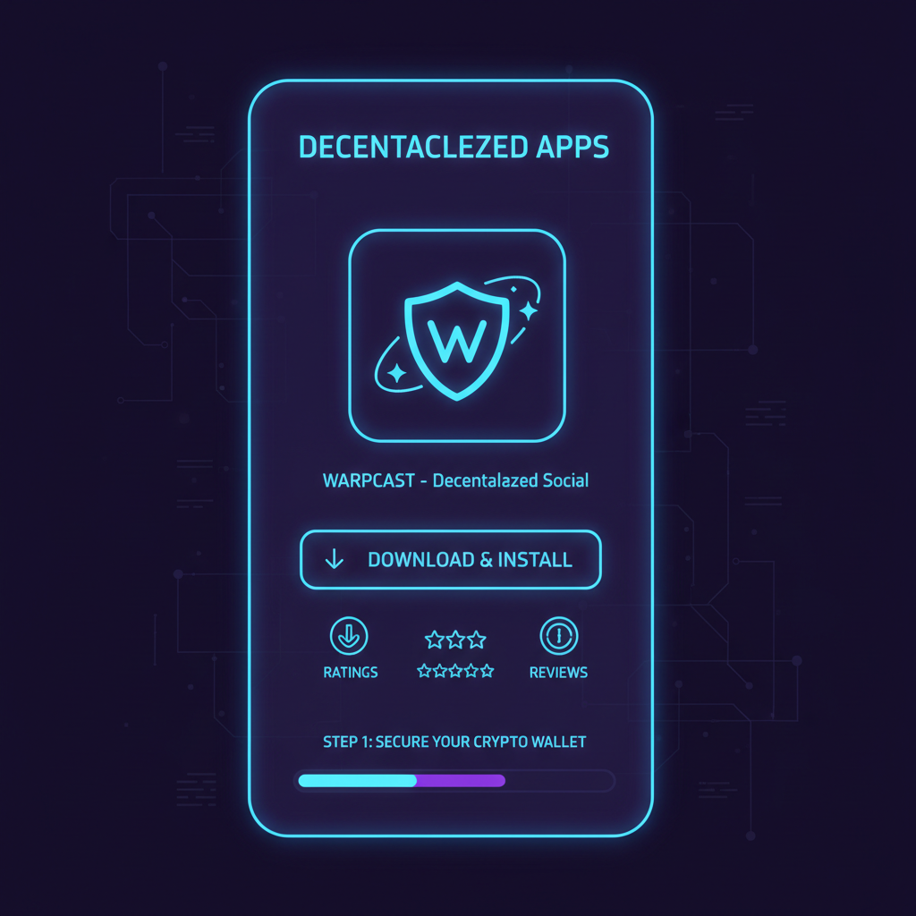 sleek mobile app store screen showing Warpcast download button, futuristic crypto wallet vibe, neon blues and purples