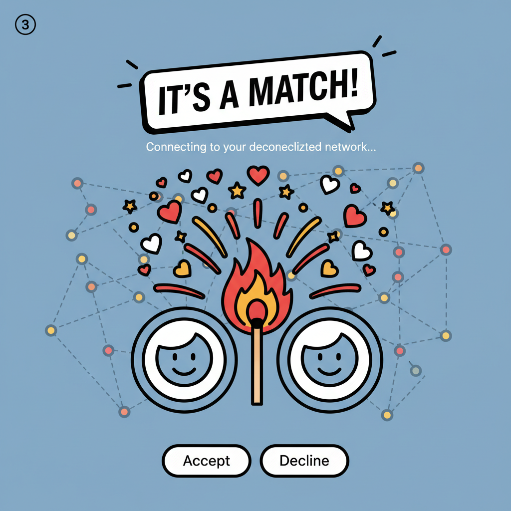 exploding match notification screen, two profiles connecting with hearts and fireworks, decentralized network