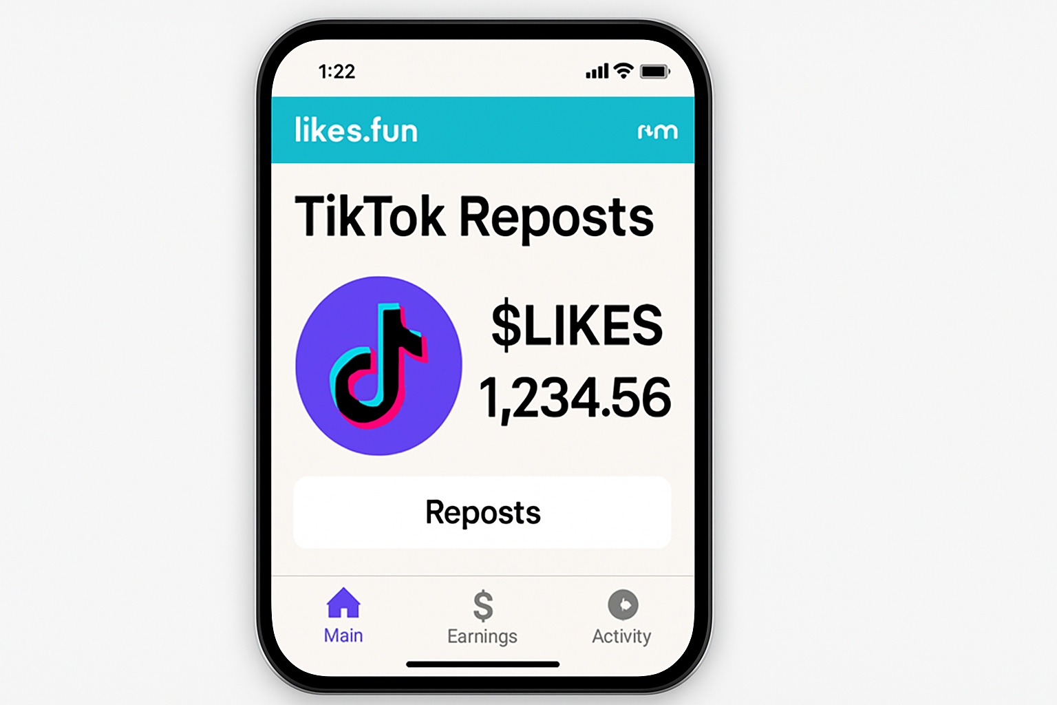 Screenshot of likes.fun mini app interface displaying TikTok reposts and $LIKES earnings on Farcaster